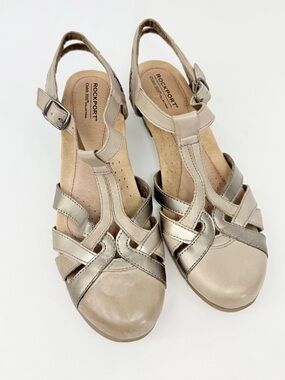 Rockport Tan Metallic Leather Closed Toe Woven Strap Heeled Sandals Size Shoes